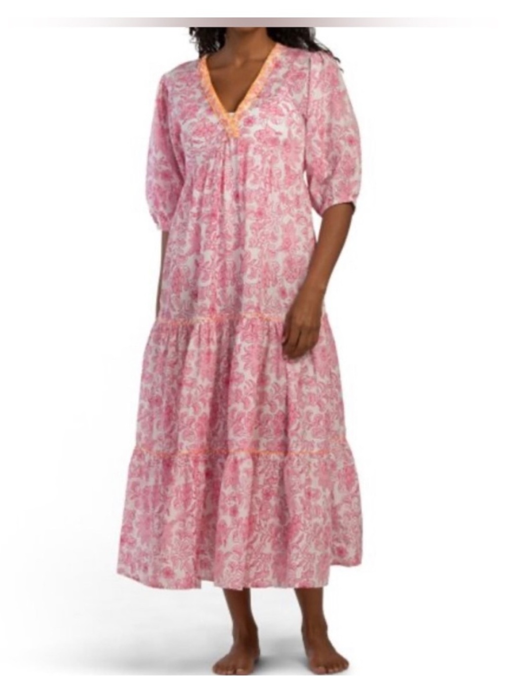 Women's Pink Paisley Tiered Nightgown with V-Neck
